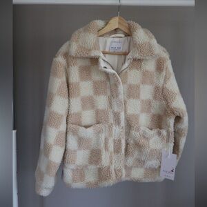 NWT Wild Rose Cream & Beige Checkered Sherpa Jacket Size Small